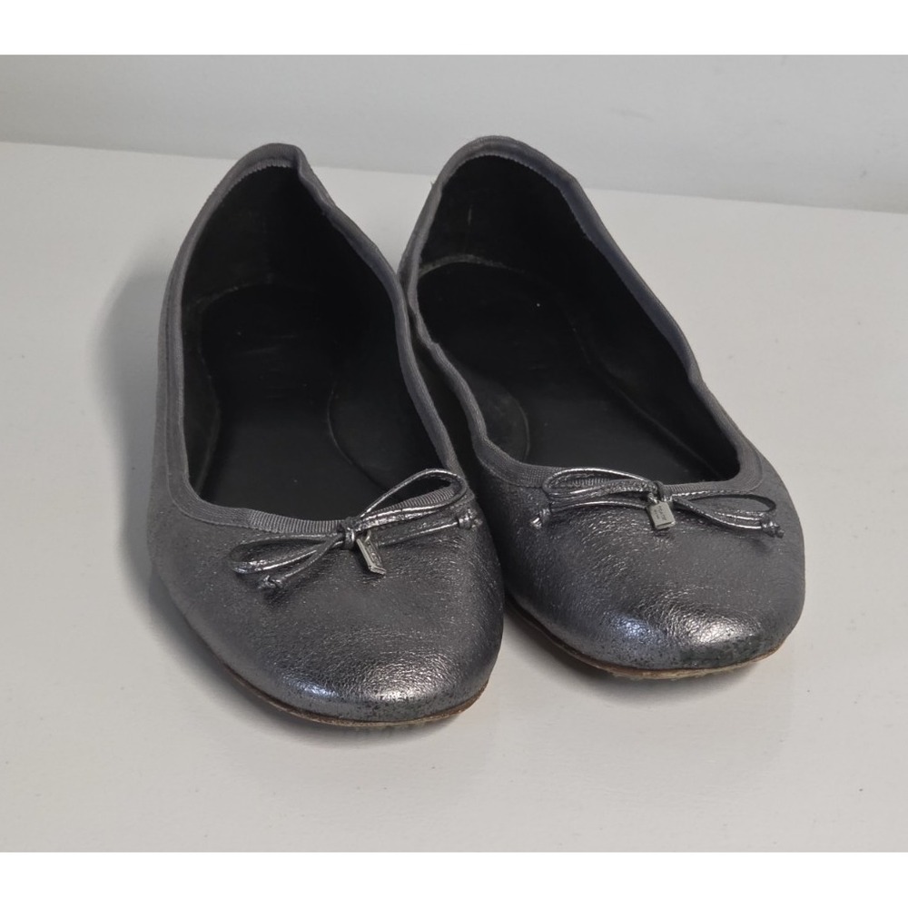 Coach Womens 8B Ballet Flats Metallic Silver Leather Slip On Shoes Bow Classic
